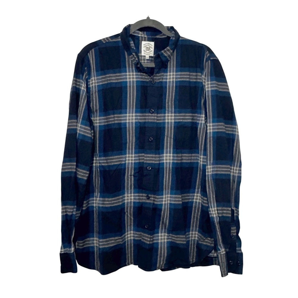 True Craft Men Blue Plaid Flannel Button Down Shirt Long Sleeve Large Navy White